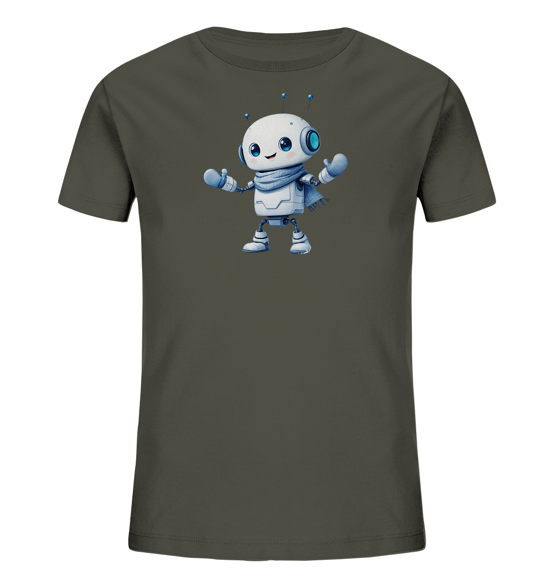 Onlineshop Shirts für Kinder - Das Bild zeigt ein Kinder T-Shirt in einem gedämpften Grünton. Auf der Vorderseite des Shirts ist ein niedlicher, stilisierter Roboter abgebildet. Der Roboter hat einen weißen Körper, blaue Akzente wie Augen, Antennen, Handschuhe und Schuhe, und trägt einen hellblauen Schal. Die Illustration ist im Cartoon-Stil gehalten und wirkt freundlich und verspielt, was das T-Shirt zu einem ansprechenden Kleidungsstück für Kinder macht.
