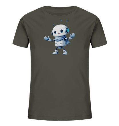 Onlineshop Shirts für Kinder - Das Bild zeigt ein Kinder T-Shirt in einem gedämpften Grünton. Auf der Vorderseite des Shirts ist ein niedlicher, stilisierter Roboter abgebildet. Der Roboter hat einen weißen Körper, blaue Akzente wie Augen, Antennen, Handschuhe und Schuhe, und trägt einen hellblauen Schal. Die Illustration ist im Cartoon-Stil gehalten und wirkt freundlich und verspielt, was das T-Shirt zu einem ansprechenden Kleidungsstück für Kinder macht.