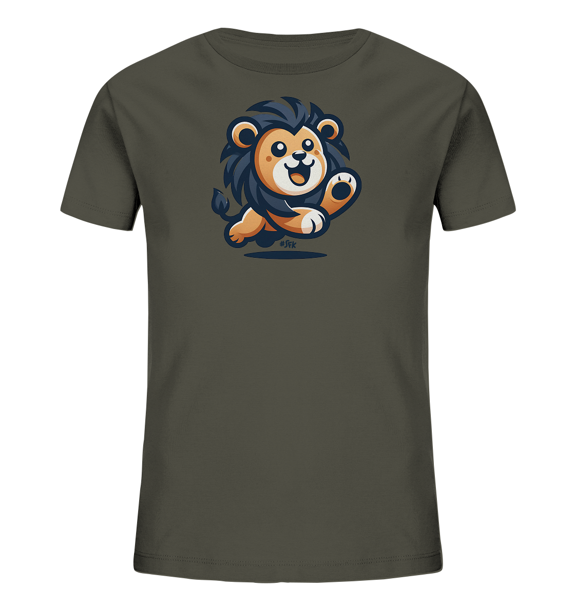 Onlineshop Shirts fuer Kinder - Dieses Bild zeigt ein Kinder-T-Shirt in einem dunklen Olivgruen. Auf der Vorderseite ist eine suesse Cartoon-Illustration eines springenden Loewen zu sehen. Der Loewe hat eine freundliche Mimik, grosse Augen und schwingt eine Pfote nach vorne. Das Design wirkt froehlich und dynamisch, ideal fuer aktive Kinder.