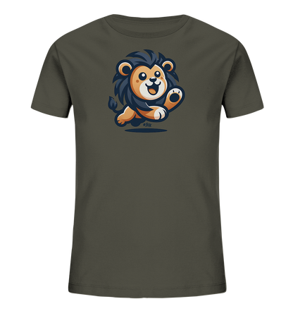 Onlineshop Shirts fuer Kinder - Dieses Bild zeigt ein Kinder-T-Shirt in einem dunklen Olivgruen. Auf der Vorderseite ist eine suesse Cartoon-Illustration eines springenden Loewen zu sehen. Der Loewe hat eine freundliche Mimik, grosse Augen und schwingt eine Pfote nach vorne. Das Design wirkt froehlich und dynamisch, ideal fuer aktive Kinder.
