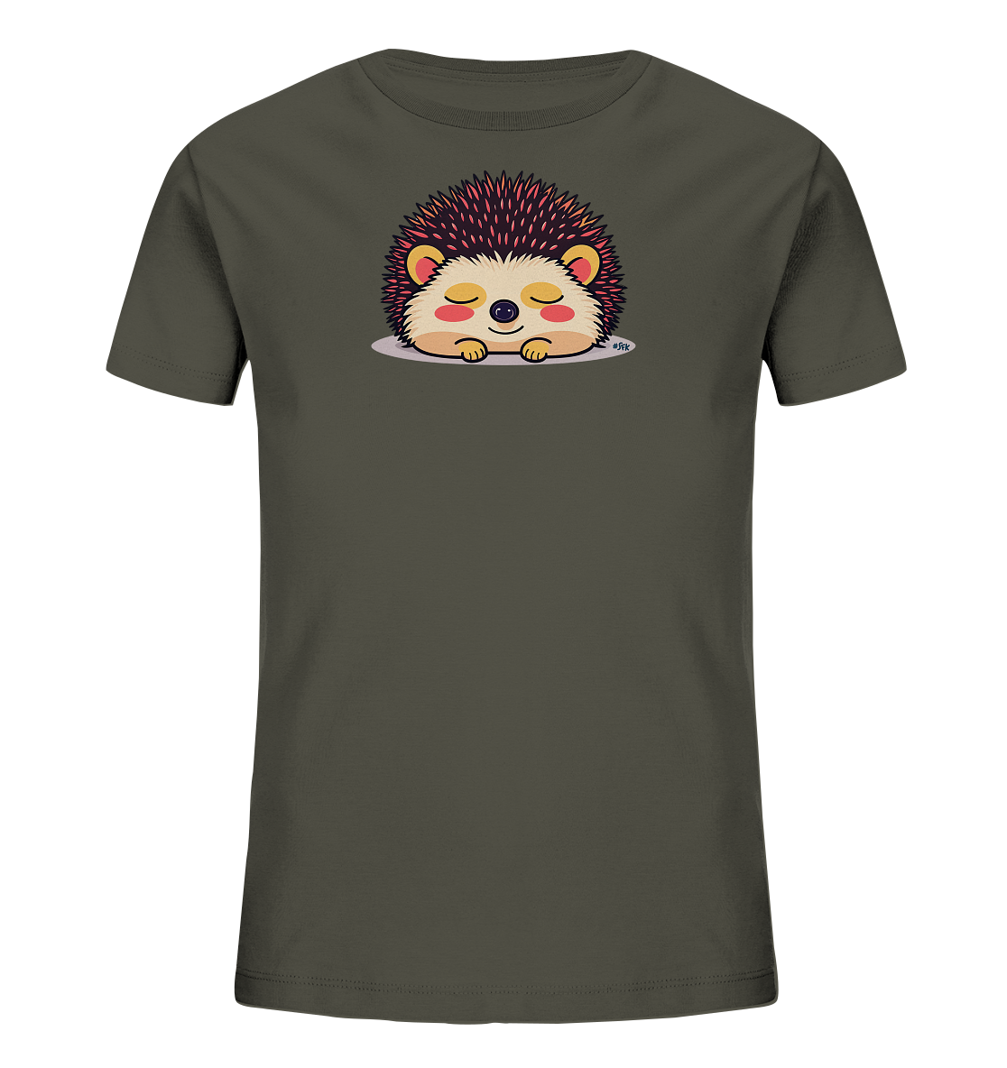 Onlineshop Shirts fuer Kinder - Das Bild zeigt ein dunkelgraues Kinder-T-Shirt mit einem niedlichen Igel-Motiv auf der Vorderseite. Der Igel ist in einem cartoonhaften Stil dargestellt, mit geschlossenen Augen und einem friedlichen Ausdruck. Seine Stacheln sind dunkel mit rosafarbenen Spitzen, und sein Gesicht ist hellgelb mit roten Wangen. Das Design ruht auf einer hellen ovalen Flaeche und verleiht dem Shirt einen sanften und beruhigenden Charakter.