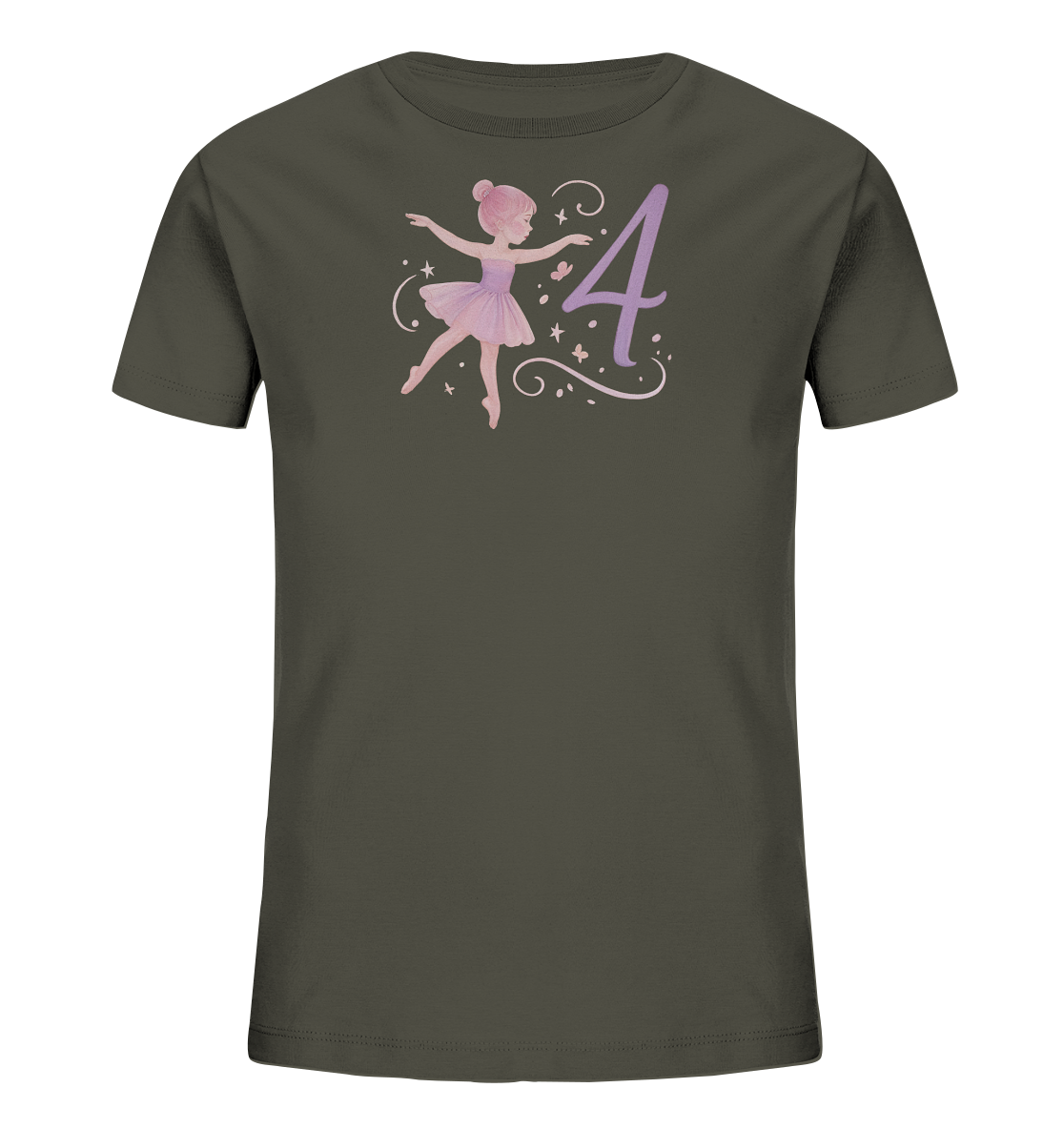 Onlineshop Shirts fuer Kinder - Das Bild zeigt ein dunkelgruenes Kinder-T-Shirt mit einem charmanten Grafikdruck. Der Druck zeigt eine kleine Ballerina in rosafarbenem Tutu in einer Tanzpose. Neben ihr ist eine grosse, stilisierte Zahl Vier in Violett abgebildet. Kleine Sterne und Schnoerkel ergaenzen das verspielte Design.