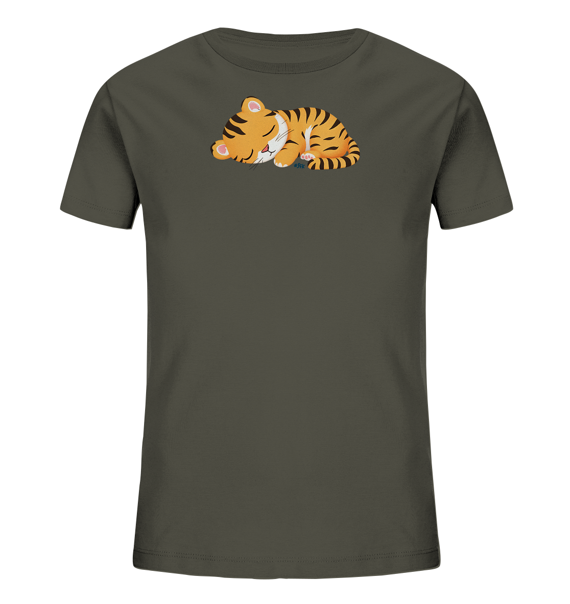 Onlineshop Shirts fuer Kinder - Das Bild zeigt ein dunkelgraues Kinder-T-Shirt. Auf der Vorderseite ist eine friedlich schlafende Tigerkatze abgebildet, die sich gemuetlich zusammengerollt hat. Das Motiv des orange-schwarz gestreiften Tigers verleiht dem Shirt einen verspielten und beruhigenden Charakter. Das Design ist schlicht und fokussiert auf die Tierillustration.
