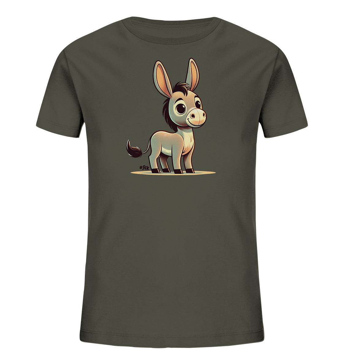Kinder T-Shirt mit ein cartoonhafter Esel mit großen Ohren und freundlichem Lächeln