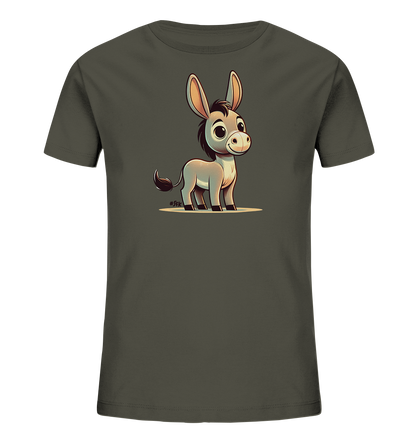 Kinder T-Shirt mit ein cartoonhafter Esel mit großen Ohren und freundlichem Lächeln