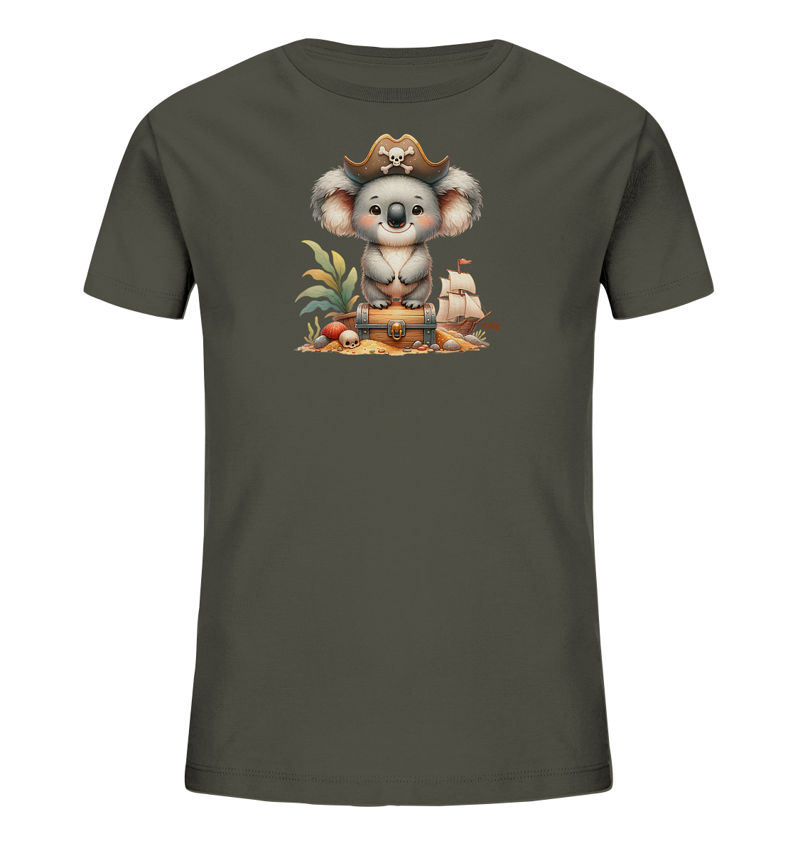 Onlineshop Shirts fuer Kinder - Dieses dunkelgraue T-Shirt zeigt eine niedliche Koala-Figur mit Piratenhut. Der Koala sitzt auf einer Schatztruhe, umgeben von Strandgut und Pflanzen. Im Hintergrund ist ein kleines Piratenschiff zu sehen. Das Design faengt eine spielerische Piratenabenteuer-Szene ein.