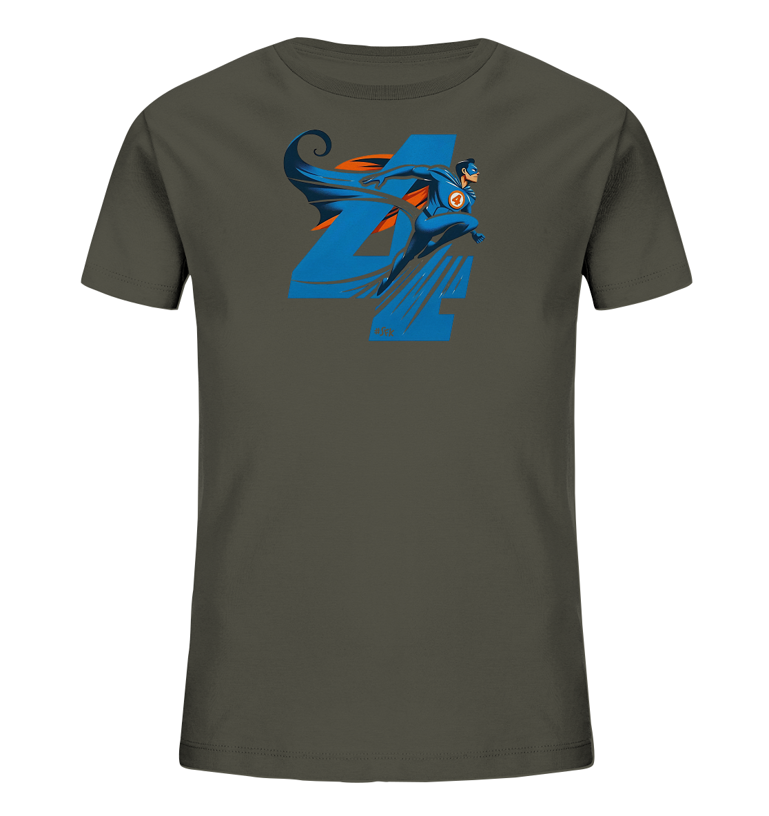 Onlineshop Shirts fuer Kinder - Dieses dunkelgruene T-Shirt fuer Kinder zeigt eine grosse blaue Zahl "4". Ein Superheld mit blauem Anzug und orangefarbenem Umhang fliegt dynamisch neben oder durch die Zahl. Der Superheld traegt eine Maske und ein Symbol mit einer Vier auf der Brust. Das Design ist farbenfroh und actionreich gestaltet.