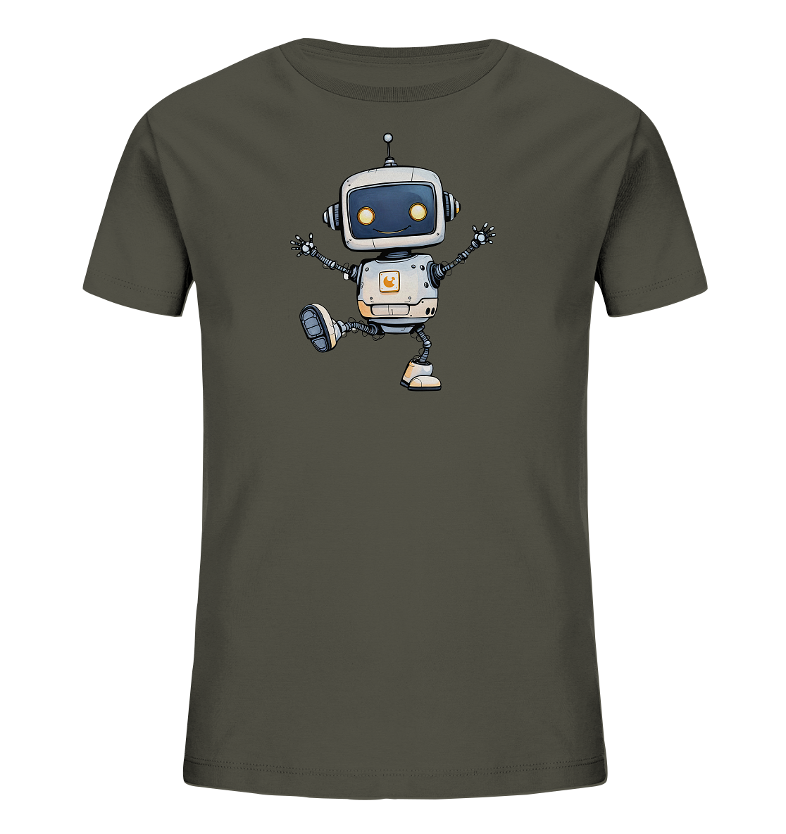 Kinder-T-Shirt mit aufgewecktem Roboter in lustiger Pose.