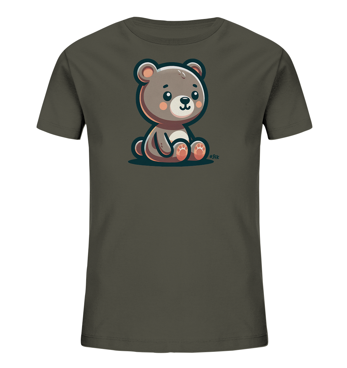 Onlineshop Shirts fuer Kinder - Das Bild zeigt ein Kindert-Shirt in einem dunklen Grauton. Auf der Vorderseite befindet sich eine niedliche Illustration eines sitzenden Baeren mit grossen Augen und kleinen Ohren. Der Baer hat rosa Wangen und detaillierte Tatzen, was dem Design einen freundlichen und ansprechenden Charakter verleiht. Dieses vielseitige Shirt eignet sich gut fuer den Alltag.