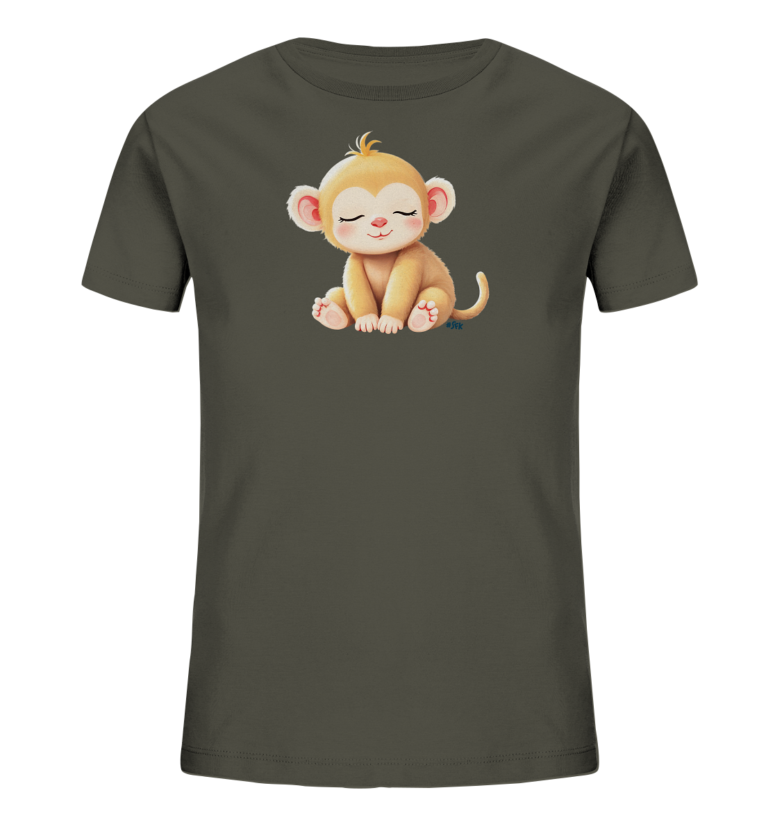 Onlineshop Shirts fuer Kinder - Das Bild zeigt ein dunkelgraues Kinder-T-Shirt mit einem niedlichen Tiermotiv auf der Vorderseite. Abgebildet ist ein sitzendes, beigefarbenes Äffchen mit geschlossenen Augen und einem sanften Laecheln. Es hat rosa Wangen und Ohren sowie eine kleine Haartolle. Das Design wirkt friedlich und kindgerecht.