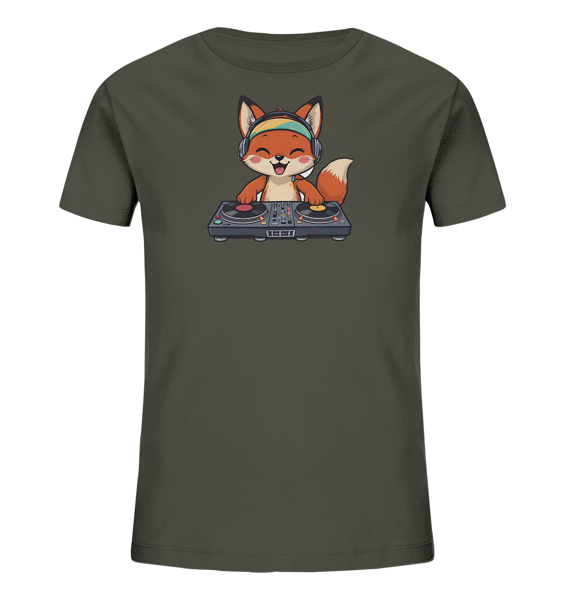 Kinder-T-Shirt mit Fuchs am Plattenspieler als lässiges Musikmotiv.