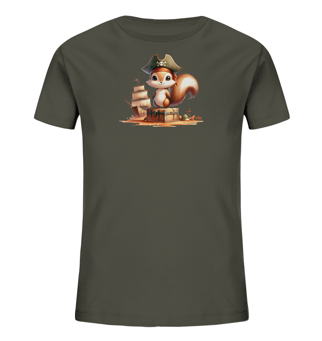 Onlineshop Shirts fuer Kinder - Das Bild zeigt ein dunkelgraues T-Shirt mit einem farbenfrohen Motiv. Im Zentrum ist ein niedliches Eichhoernchen in Piratenkleidung, das auf einer Schatzkiste sitzt. Dahinter ist ein Segelschiff zu sehen. Das verspielte Design ist detailreich gestaltet und ideal fuer kleine Abenteurer.