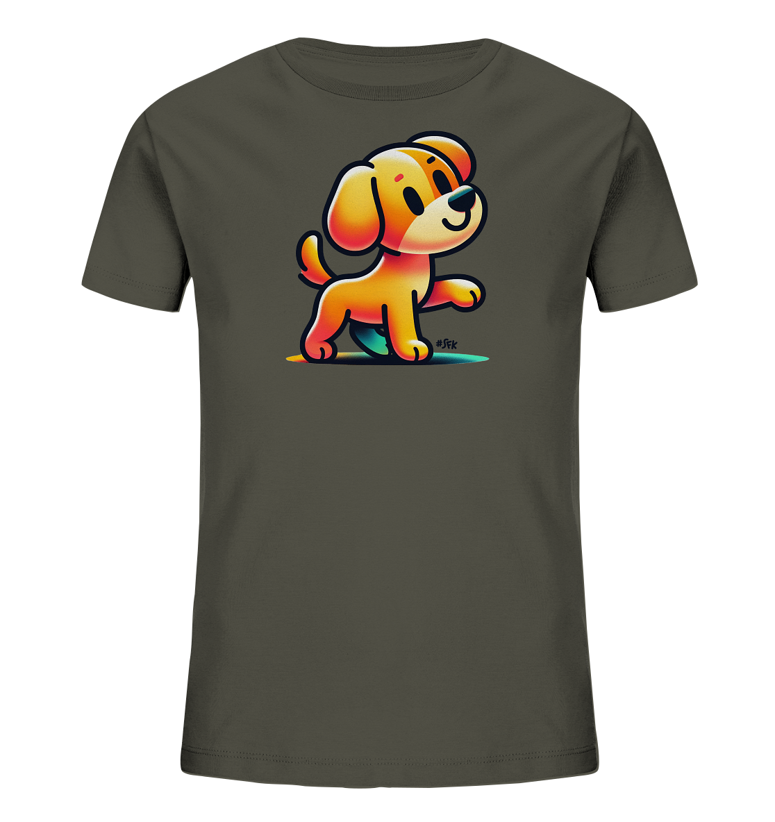Onlineshop Shirts fuer Kinder - Das Bild zeigt ein dunkelgraues Kinder-T-Shirt mit einer niedlichen Grafik eines cartoonhaften Hundes auf der Vorderseite. Der Hund hat leuchtend orangefarbenes Fell und steht in einer verspielten Pose. Die Grafik ist in lebendigen Farben gehalten und wirkt froehlich. Das Design ist ansprechend fuer Kinder.