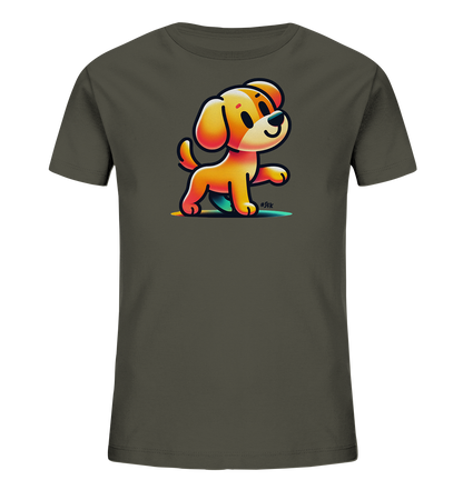 Kinder T-Shirt mit hellbraunem Cartoon-Hund, Lächeln und erhobener Pfote