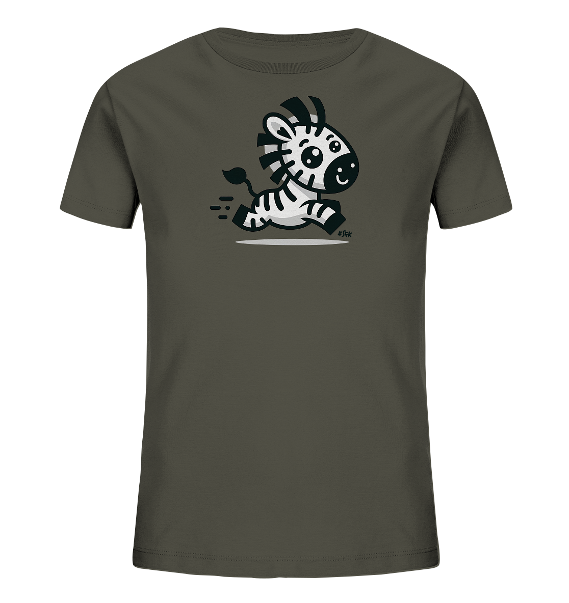 Onlineshop Shirts fuer Kinder - Dieses T-Shirt in einem dunklen Grau oder Khaki zeigt ein niedliches Cartoon-Zebra beim Rennen. Das Zebra hat grosse Augen und ein freundliches Laecheln, seine Streifen sind deutlich zu erkennen. Die rennende Bewegung wird durch Striche hinter dem Tier angedeutet. Das Design ist verspielt und ansprechend fuer Kinder.