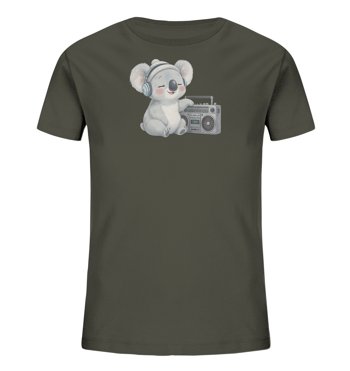Onlineshop Shirts fuer Kinder - Das Bild zeigt ein dunkelgraues Kinder-T-Shirt mit einem niedlichen Koala-Motiv auf der Vorderseite. Der Koala traegt blaue Kopfhoerer und eine passende Muetze, waehrend er laechelnd neben einer Retro-Boombox sitzt. Das Design wirkt verspielt und froehlich, ideal fuer kleine Musikliebhaber.