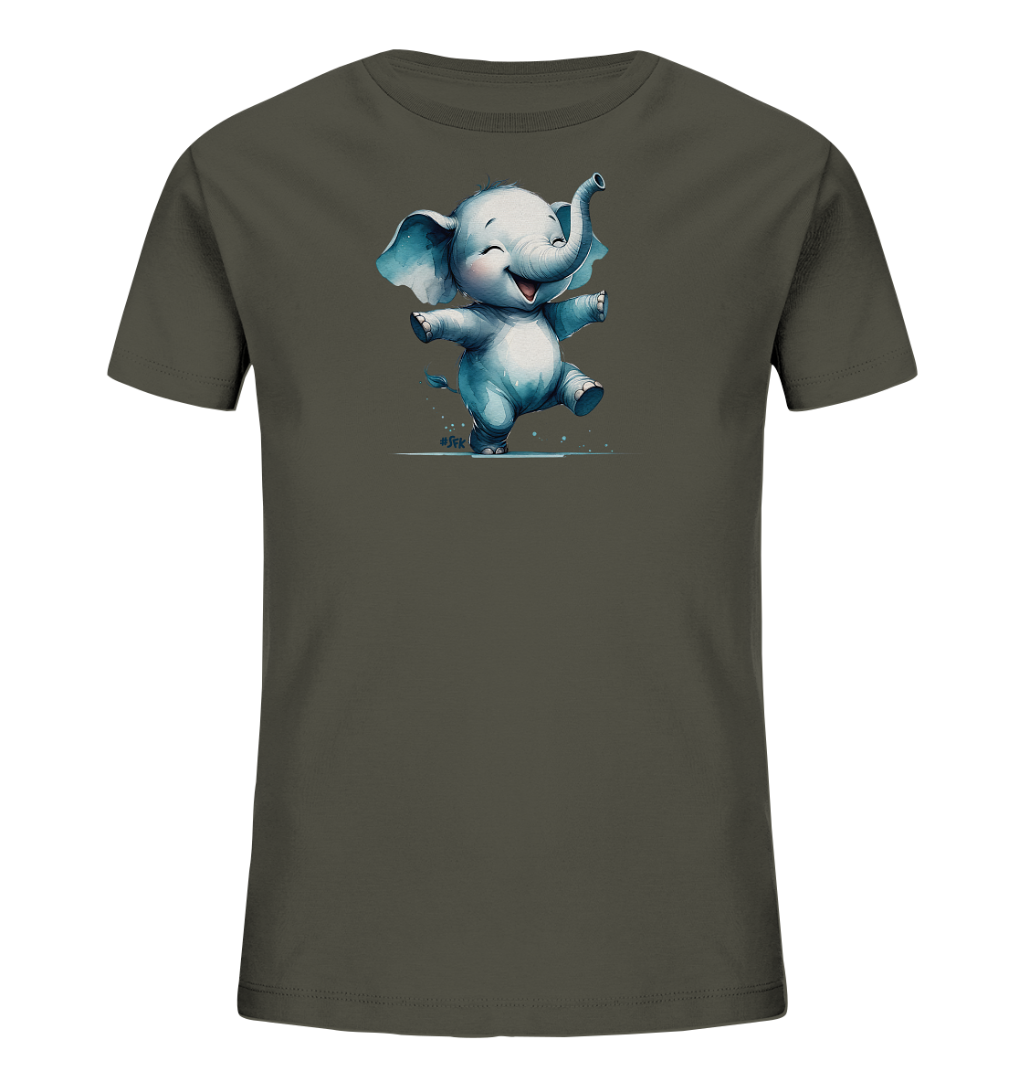 Onlineshop Shirts fuer Kinder - Das Bild zeigt ein dunkelgraues Kinder-T-Shirt mit einer niedlichen Illustration eines froehlich tanzenden Elefanten. Der Elefant ist in hellen Blau- und Grautoenen dargestellt, lacht und hat die Arme ausgebreitet. Kleine blaue Spritzer umrahmen seine Fuesse, was dem Motiv eine lebendige Note verleiht. Das Design wirkt verspielt und freundlich, ideal fuer Kinder.