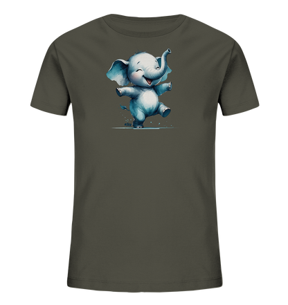 Onlineshop Shirts fuer Kinder - Das Bild zeigt ein dunkelgraues Kinder-T-Shirt mit einer niedlichen Illustration eines froehlich tanzenden Elefanten. Der Elefant ist in hellen Blau- und Grautoenen dargestellt, lacht und hat die Arme ausgebreitet. Kleine blaue Spritzer umrahmen seine Fuesse, was dem Motiv eine lebendige Note verleiht. Das Design wirkt verspielt und freundlich, ideal fuer Kinder.