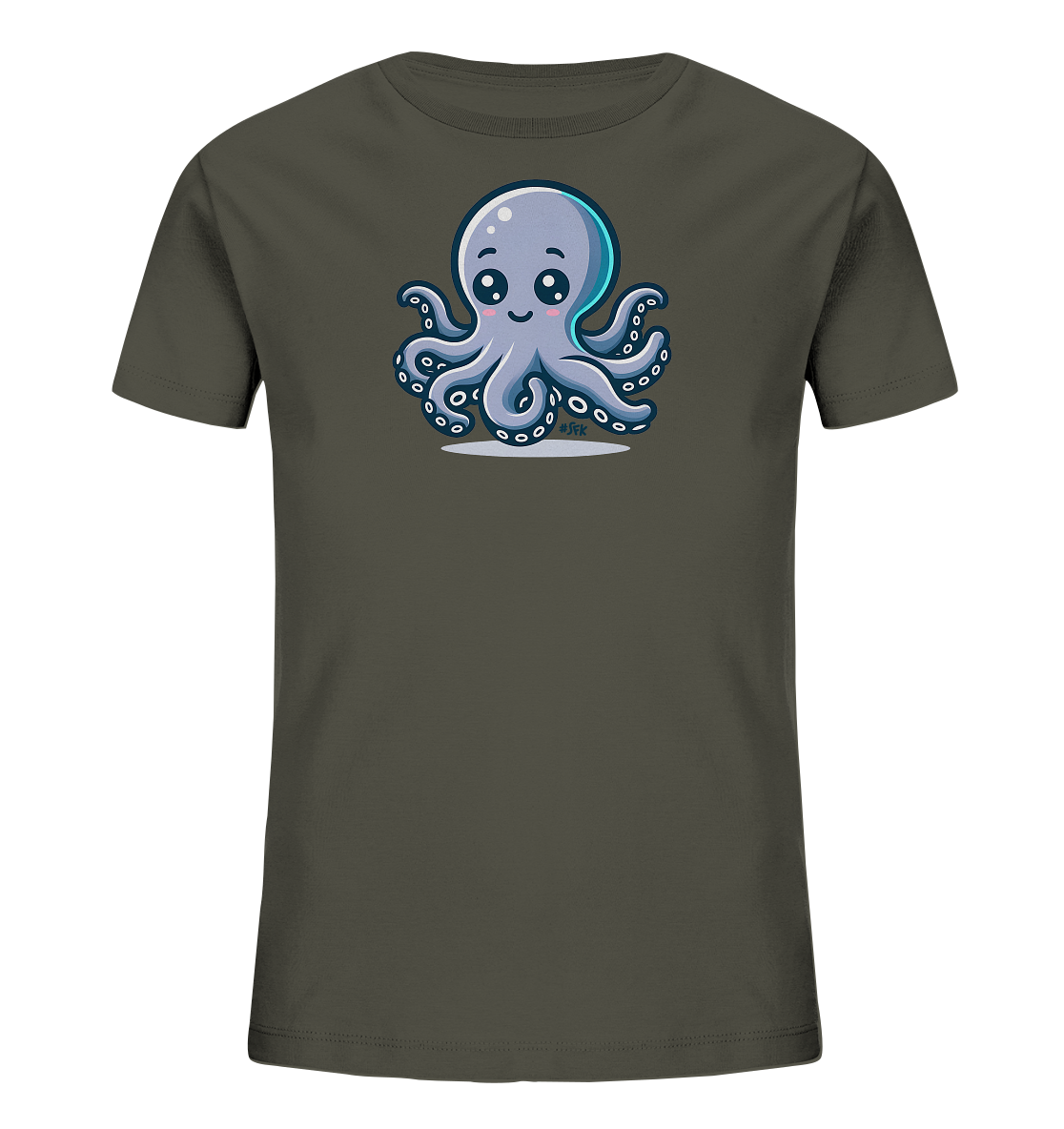 Onlineshop Shirts fuer Kinder - Das Bild zeigt ein dunkelgraues T-Shirt mit einem niedlichen Oktopus-Motiv auf der Vorderseite. Die Illustration stellt einen freundlich laechelnden Oktopus in einem hellen Blau-Ton dar, der von seinen acht Tentakeln umgeben ist. Das Design ist einfach und verspielt, ideal fuer Kinderkleidung.