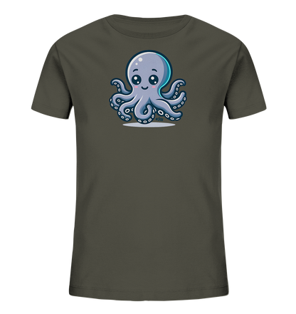 Onlineshop Shirts fuer Kinder - Das Bild zeigt ein dunkelgraues T-Shirt mit einem niedlichen Oktopus-Motiv auf der Vorderseite. Die Illustration stellt einen freundlich laechelnden Oktopus in einem hellen Blau-Ton dar, der von seinen acht Tentakeln umgeben ist. Das Design ist einfach und verspielt, ideal fuer Kinderkleidung.