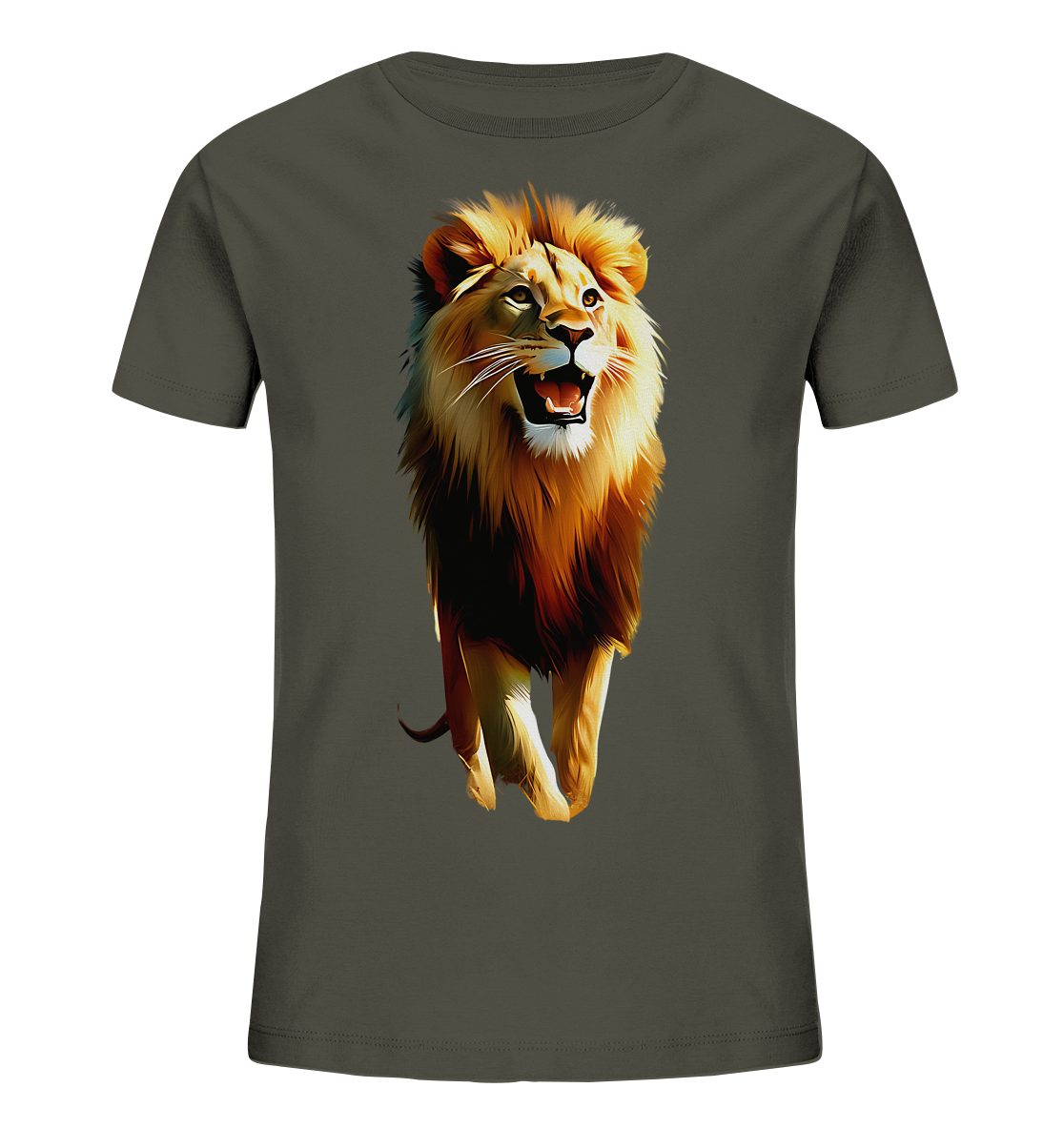 Onlineshop Shirts fuer Kinder - Das Bild zeigt ein dunkles T-Shirt mit einer auffaelligen Illustration eines Loewen auf der Vorderseite. Der Loewe wird im Ganzen dargestellt, mit offener Schnauze und ausdrucksstarker Haltung. Seine Maehne ist detailliert in warmen Farben gehalten. Das Motiv ist zentral auf dem Shirt platziert.