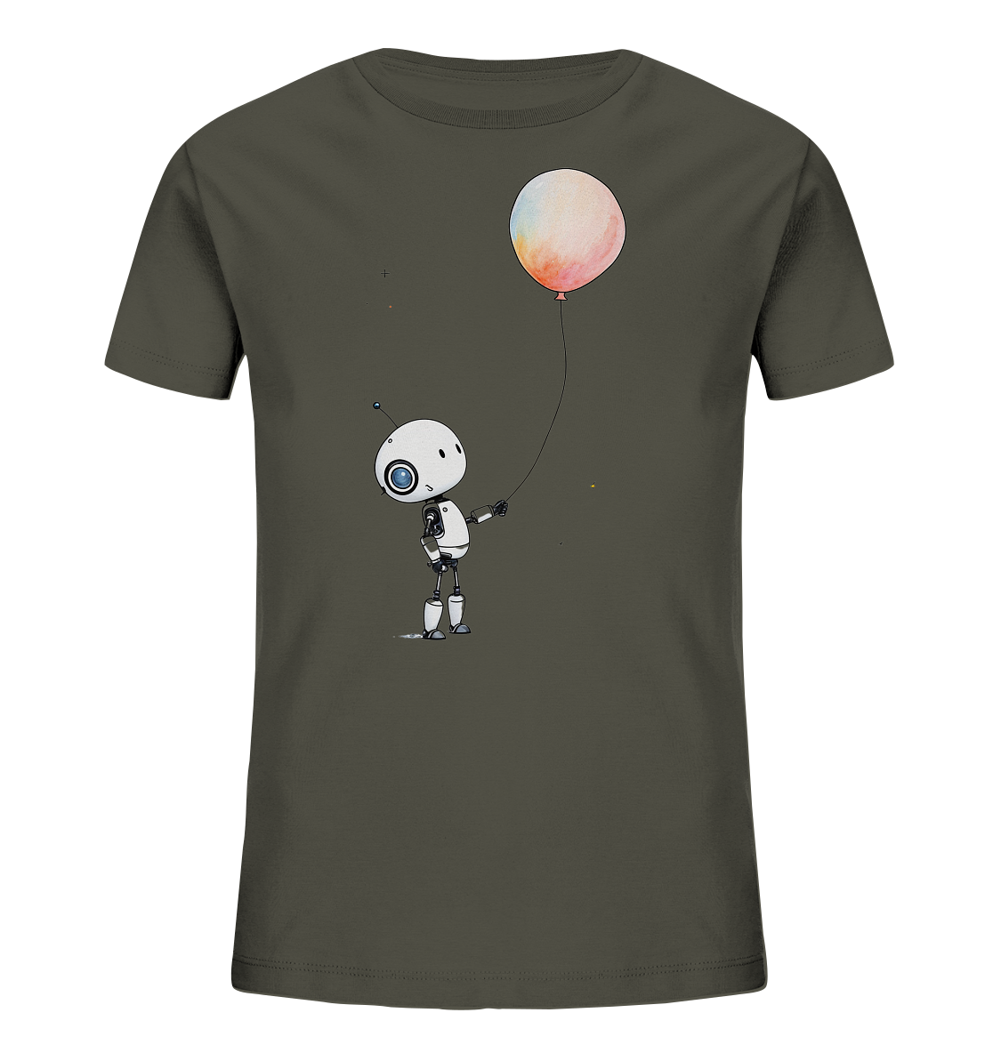 Onlineshop Shirts für Kinder - Das Bild zeigt ein Kinder-T-Shirt in einem dunklen Olivgrün oder Khaki-Farbton. Auf der Vorderseite befindet sich eine Grafik eines kleinen, weißen Roboters mit einem einzelnen großen blauen Auge und einer Antenne. Der Roboter hält die Schnur eines runden Ballons, der mit einer farbenfrohen Aquarell-Textur in Pastelltönen gestaltet ist. Die Darstellung wirkt detailreich und künstlerisch, ideal für einen einzigartigen Look.