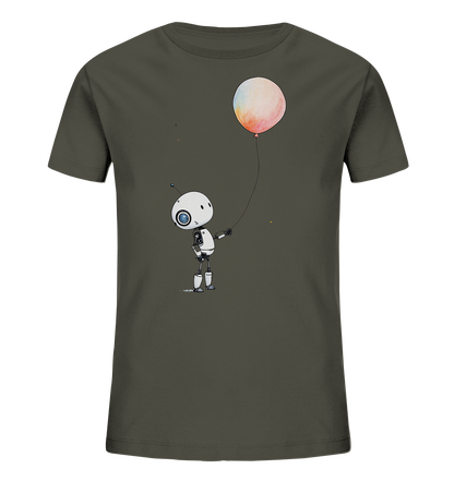 Onlineshop Shirts für Kinder - Das Bild zeigt ein Kinder-T-Shirt in einem dunklen Olivgrün oder Khaki-Farbton. Auf der Vorderseite befindet sich eine Grafik eines kleinen, weißen Roboters mit einem einzelnen großen blauen Auge und einer Antenne. Der Roboter hält die Schnur eines runden Ballons, der mit einer farbenfrohen Aquarell-Textur in Pastelltönen gestaltet ist. Die Darstellung wirkt detailreich und künstlerisch, ideal für einen einzigartigen Look.