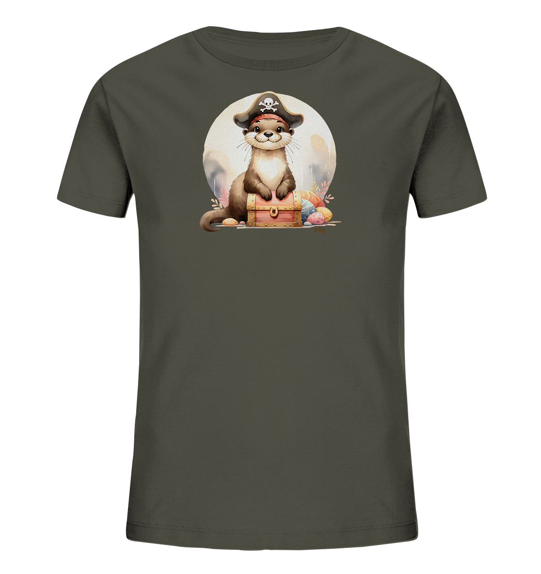 Onlineshop Shirts fuer Kinder - Dieses Bild zeigt ein Kinder-T-Shirt in einem dunklen Olivton mit einem charmanten Motiv auf der Vorderseite. Die Illustration zeigt einen niedlichen Otter, der als Pirat verkleidet ist, komplett mit Hut und Totenkopf-Symbol. Der Otter sitzt auf einer kleinen Schatzkiste, umgeben von bunten, verzierten Eiern. Im Hintergrund ist ein grosser, blasser Kreis zu sehen, der den Fokus auf das zentrale Motiv lenkt.
