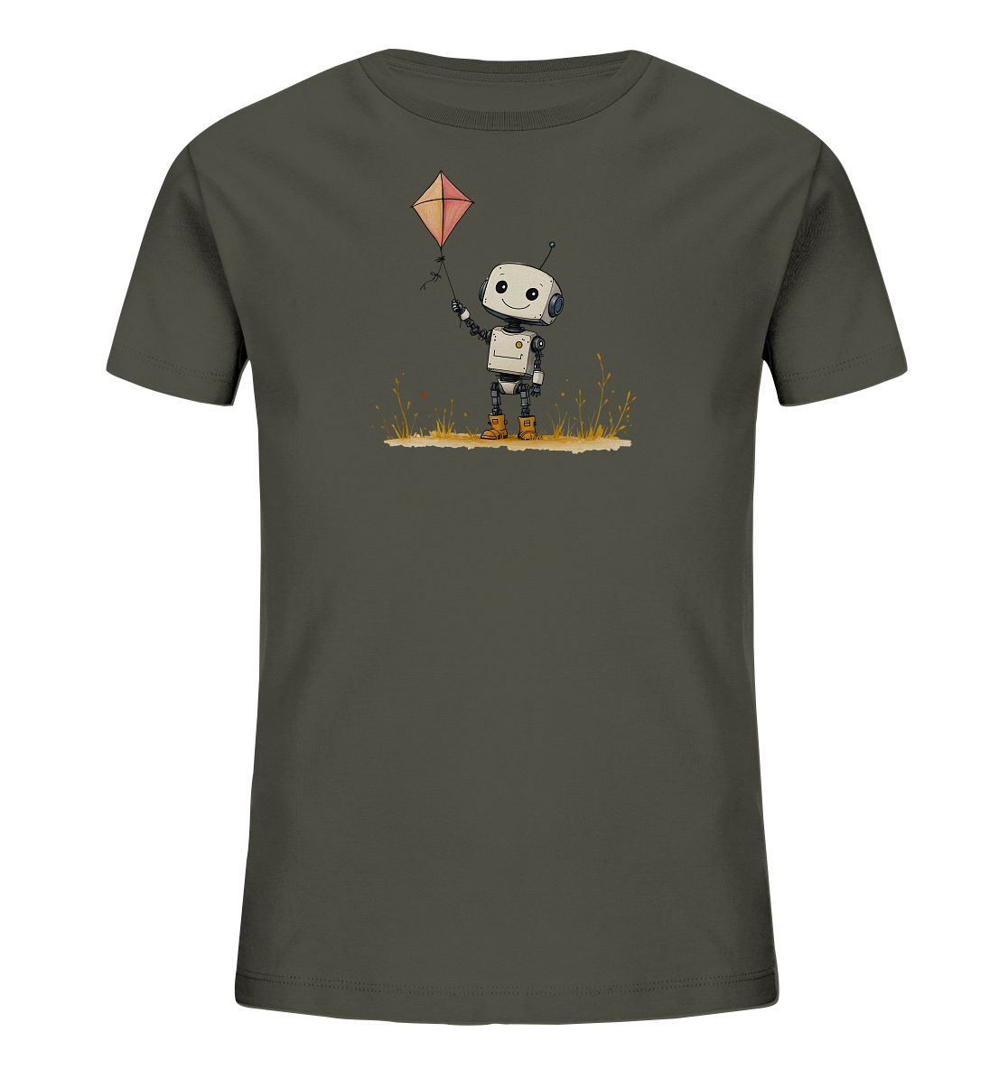 Onlineshop Shirts für Kinder - Das Bild zeigt ein dunkelgraues T-Shirt für Kinder mit einem farbigen Druck auf der Vorderseite. Das Motiv stellt einen kleinen, freundlichen Roboter im Comic-Stil dar, der einen roten, rautenförmigen Drachen in der Hand hält. Der Roboter steht auf einem Streifen stilisierten Grases mit kleinen, bunten Details. Das Design wirkt fröhlich und verspielt, passend für Kinderbekleidung.