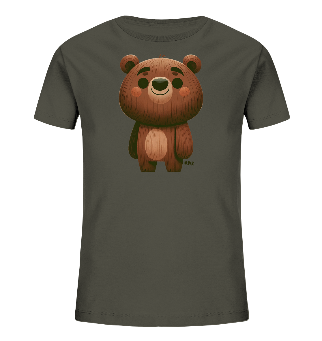 Onlineshop Shirts fuer Kinder - Das Bild zeigt ein dunkelgruenes Kinder-T-Shirt mit einer niedlichen Baeren-Illustration auf der Vorderseite. Der cartoonartige Baer ist braun dargestellt, hat eine freundliches Gesicht mit rosa Wangen und eine texturierte Felloptik. Er steht aufrecht in der Mitte des Shirts. Das Design wirkt freundlich und ansprechend fuer Kinder.