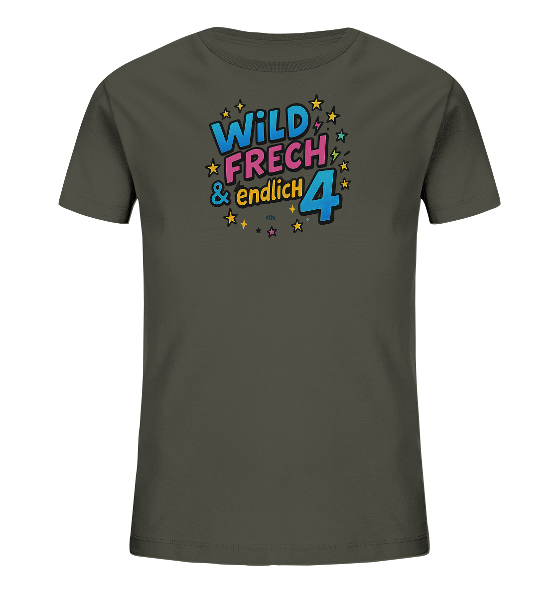 Onlineshop Shirts fuer Kinder - Dieses dunkelgraue Kinder-T-Shirt praesentiert einen farbenfrohen Druck auf der Vorderseite. Der Druck zeigt den Schriftzug "WILD FRECH & endlich" in leuchtenden Farben sowie eine grosse, blaue Zahl 4. Verschiedene Sterne und Blitze umrahmen das Design und sorgen fuer einen dynamischen Look. Das Motiv eignet sich besonders fuer einen vierten Geburtstag.