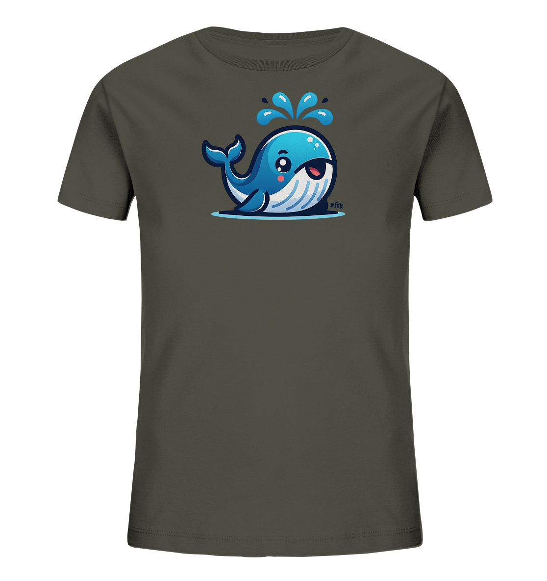 Onlineshop Shirts fuer Kinder - Das Bild zeigt ein dunkelgrau-gruenes T-Shirt fuer Kinder. Auf der Vorderseite ist eine niedliche Cartoon-Illustration eines blauen Wals zu sehen. Der Wal laechelt und spritzt Wasser aus seinem Blasloch. Das Motiv ist lebhaft und froehlich gestaltet.
