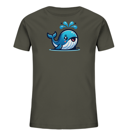 Onlineshop Shirts fuer Kinder - Das Bild zeigt ein dunkelgrau-gruenes T-Shirt fuer Kinder. Auf der Vorderseite ist eine niedliche Cartoon-Illustration eines blauen Wals zu sehen. Der Wal laechelt und spritzt Wasser aus seinem Blasloch. Das Motiv ist lebhaft und froehlich gestaltet.
