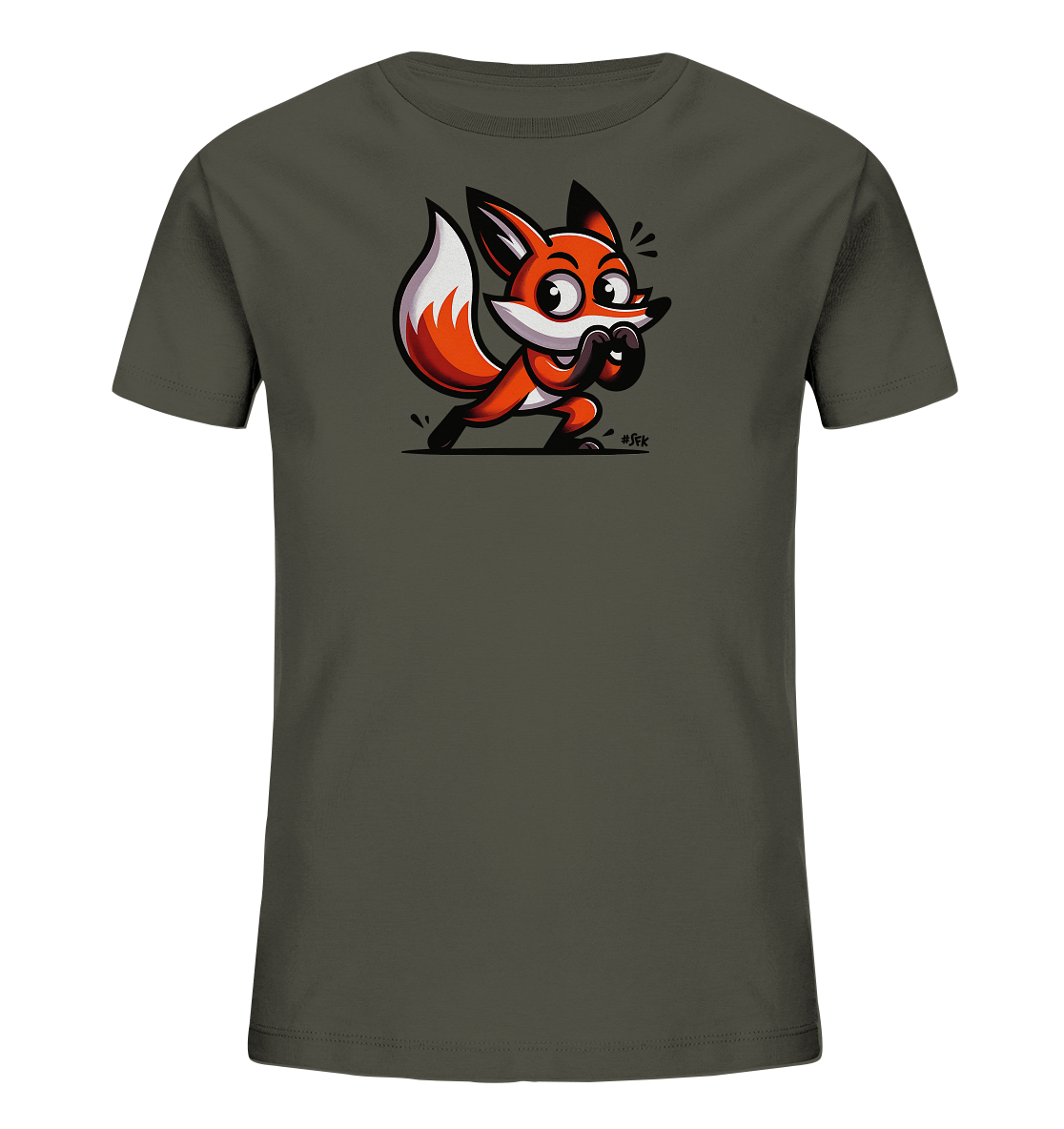 Onlineshop Shirts fuer Kinder - Das Bild zeigt ein dunkelgraues oder olivgruenes T-Shirt fuer Kinder. Auf der Vorderseite ist eine lebhafte Cartoon-Illustration eines roten Fuchses. Der Fuchs hat grosse Augen, ist in einer dynamischen Pose dargestellt und haelt seine Pfoten vor dem Maul. Das Design wirkt verspielt und ausdrucksstark.