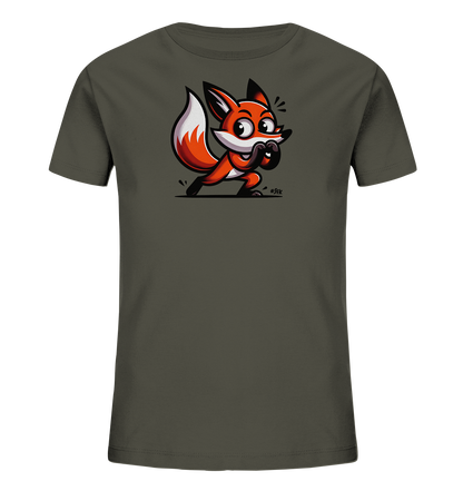 Onlineshop Shirts fuer Kinder - Das Bild zeigt ein dunkelgraues oder olivgruenes T-Shirt fuer Kinder. Auf der Vorderseite ist eine lebhafte Cartoon-Illustration eines roten Fuchses. Der Fuchs hat grosse Augen, ist in einer dynamischen Pose dargestellt und haelt seine Pfoten vor dem Maul. Das Design wirkt verspielt und ausdrucksstark.
