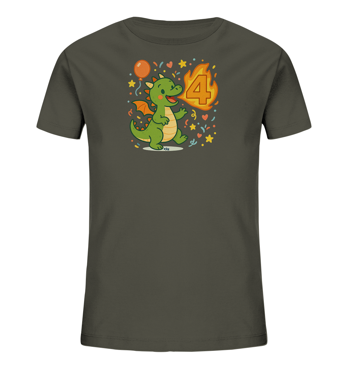 Onlineshop Shirts fuer Kinder - Das Bild zeigt ein dunkelgraues T-Shirt mit einem farbigen Druck. Der Druck stellt einen freundlichen, gruenen Cartoon-Drachen dar. Der Drache blaest Feuer, das die Form der Zahl vier annimmt. Das Motiv ist von Elementen wie einem Ballon, Sternen und Konfetti umgeben.