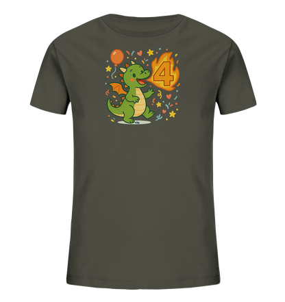 Onlineshop Shirts fuer Kinder - Das Bild zeigt ein dunkelgraues T-Shirt mit einem farbigen Druck. Der Druck stellt einen freundlichen, gruenen Cartoon-Drachen dar. Der Drache blaest Feuer, das die Form der Zahl vier annimmt. Das Motiv ist von Elementen wie einem Ballon, Sternen und Konfetti umgeben.