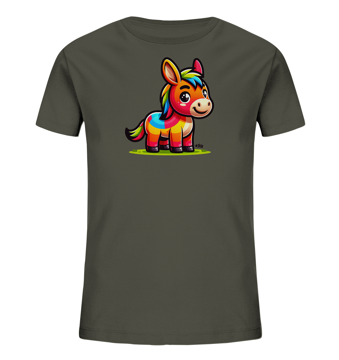Onlineshop Shirts fuer Kinder - Das Bild zeigt ein dunkelgraues T-Shirt fuer Kinder mit einer farbenfrohen Illustration. Darauf ist ein suesses, cartoonhaftes Eselchen oder Pony abgebildet, das laechelt und auf gruenem Gras steht. Das Tier hat ein bunt gestreiftes Fell in leuchtenden Farben wie Rot, Gelb, Blau und Gruen. Das Design wirkt froehlich und kindgerecht.