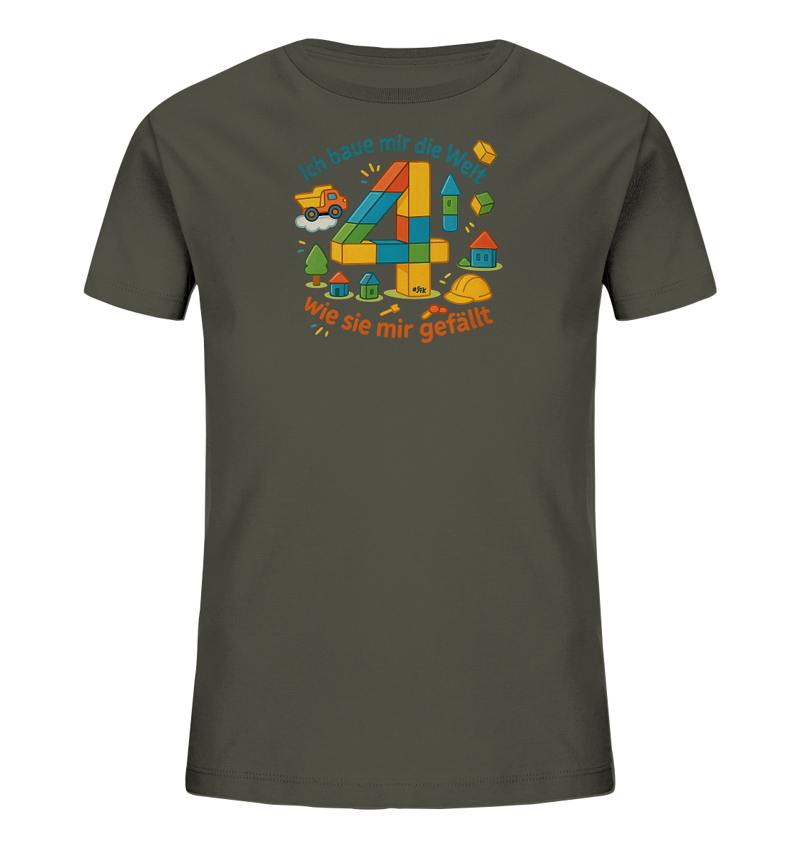 Onlineshop Shirts fuer Kinder - Das Bild zeigt ein dunkelgraues Kinder-T-Shirt mit einem bunten Druck auf der Vorderseite. Im Zentrum steht eine grosse Zahl "4", die aus verschiedenen farbigen Bausteinen zusammengesetzt ist. Das Motiv ist von kleineren Elementen wie einem Spielzeuglaster, Haeusern und einem Bauhelm umgeben, was eine spielerische Bauszene darstellt. Über und unter der Zahl befindet sich blauer und oranger Text.