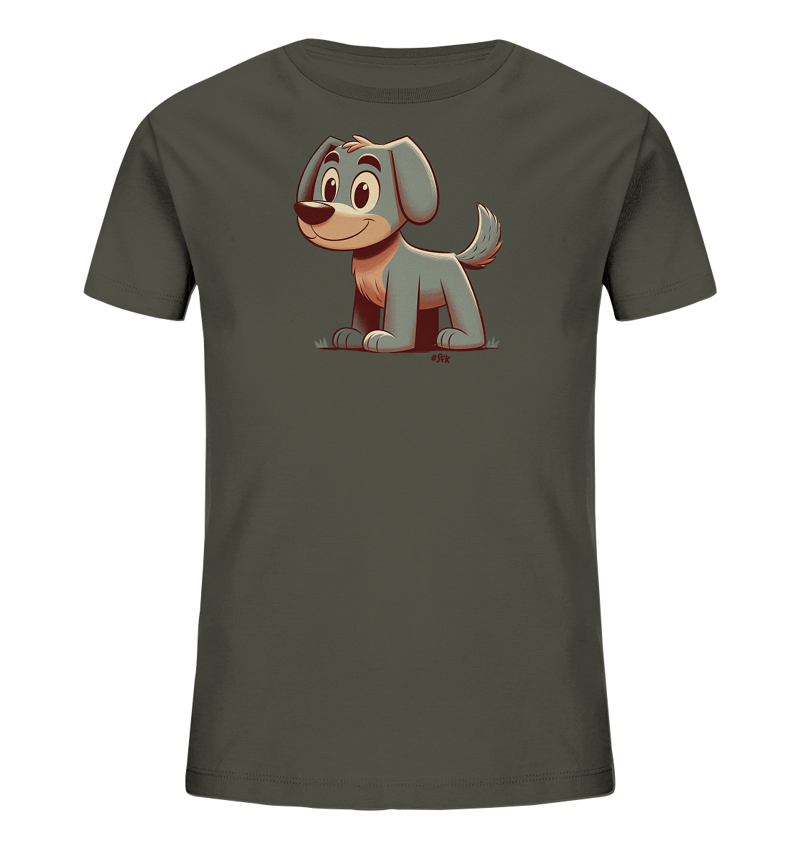 Onlineshop Shirts fuer Kinder - Das Bild zeigt ein dunkelgruenes Kinder-T-Shirt auf schwarzem Hintergrund. Auf der Vorderseite ist eine freundliche, comicartige Illustration eines sitzenden Hundes abgebildet. Der Hund hat hellgraues Fell mit beigen Akzenten und sitzt auf stilisiertem gruenen Gras. Das Design wirkt verspielt und kindgerecht.