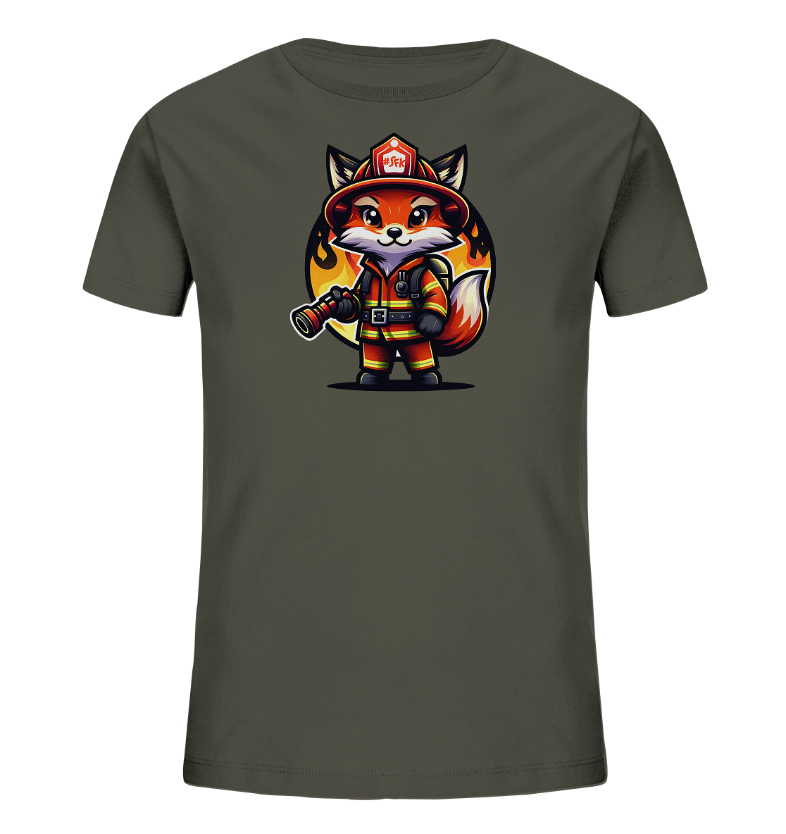 Onlineshop Shirts fuer Kinder - Das Bild zeigt ein dunkelgraues Kinder-T-Shirt mit einer suessen Illustration eines Fuchses, der als Feuerwehrmann gekleidet ist und eine Schlauchduese haelt. Im Hintergrund befindet sich ein Kreis mit stilisierten Flammen in warmen Farbtoenen. Das Design wirkt verspielt und ansprechend fuer Kinder.
