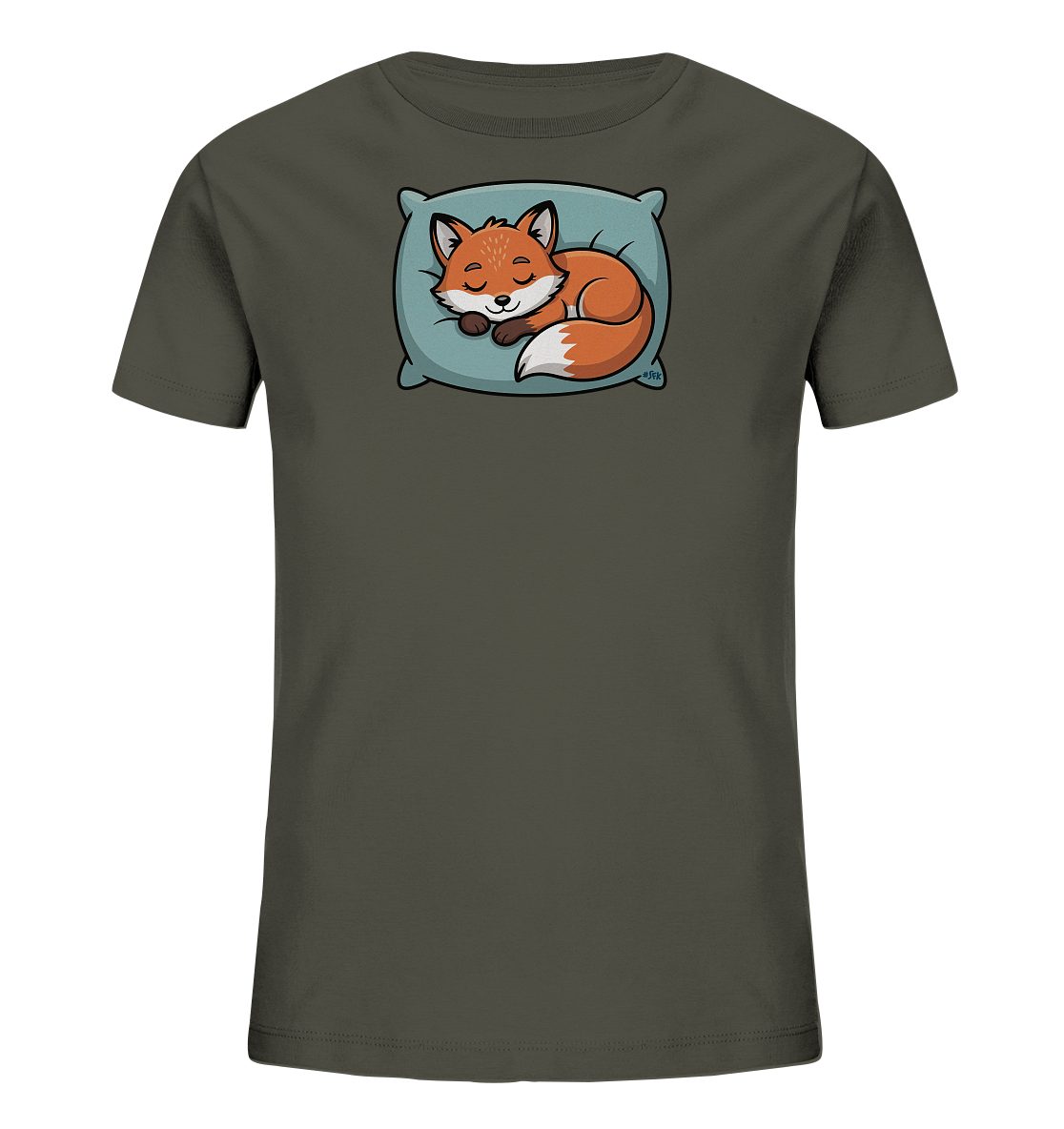 Onlineshop Shirts fuer Kinder - Das Bild zeigt ein dunkelgraues Kinder-T-Shirt mit einem niedlichen Motiv. Darauf ist ein schlafender Fuchs zu sehen, der gemuetlich auf einem hellblauen Kissen eingerollt ist. Der Fuchs ist in warmen Orange- und Weisstoenen gehalten und strahlt Ruhe aus. Das gesamte Design wirkt liebevoll und kindgerecht.
