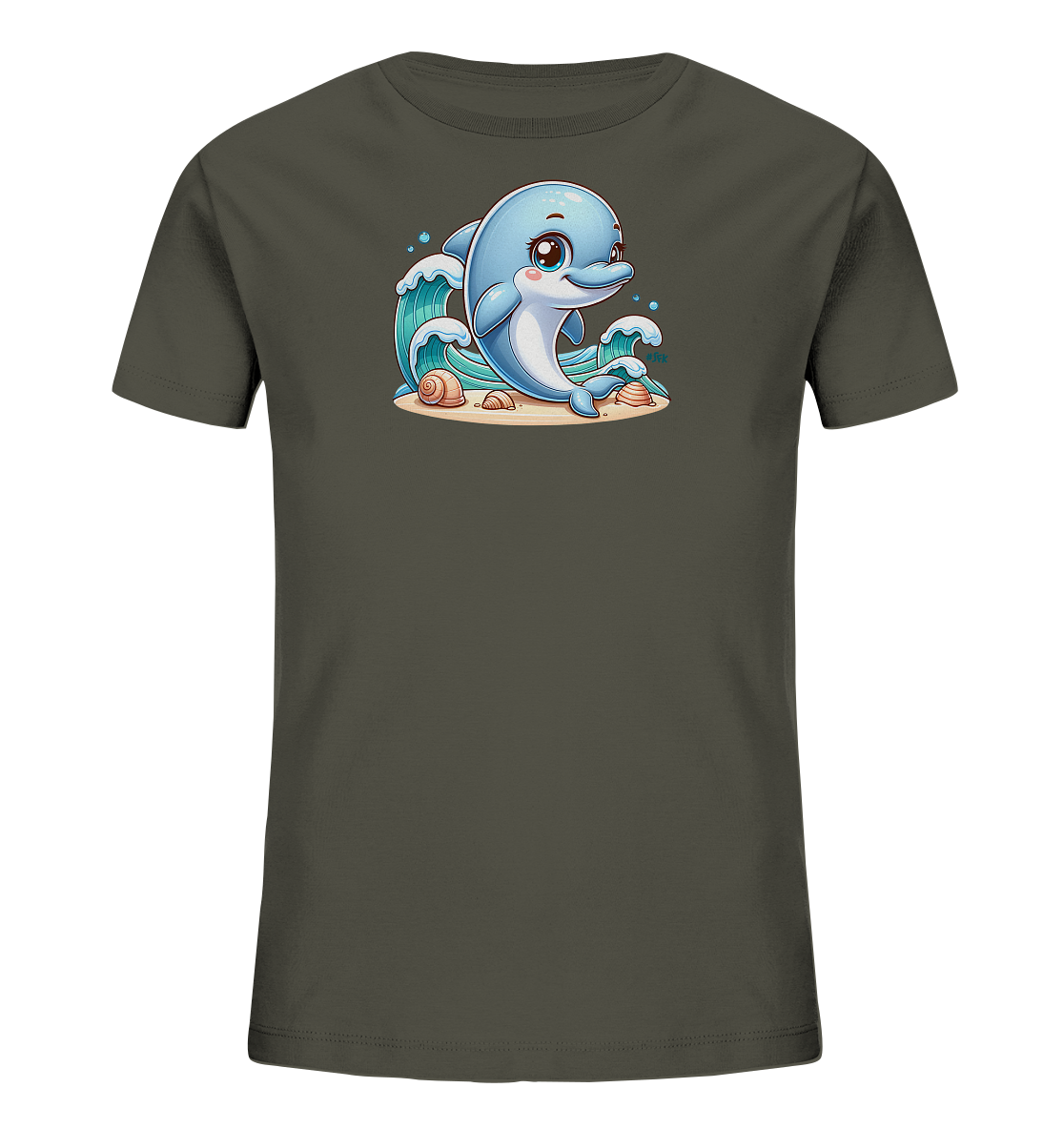 Onlineshop Shirts fuer Kinder - Das Bild zeigt ein dunkelgruenes Kinder-T-Shirt mit einem niedlichen Aufdruck. Die Grafik zeigt einen lachenden, blauen Delfin auf einem Sandstrand sitzend. Hinter dem Delfin erheben sich stilisierte Wellen. Muscheln und Blasen ergaenzen das maritime Motiv.