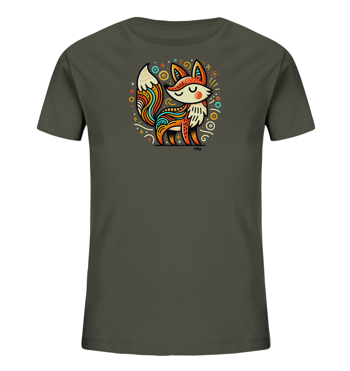Onlineshop Shirts fuer Kinder - Das Bild zeigt ein dunkelgraues Kinder-T-Shirt. Darauf ist ein bunter, stilisierter Fuchs abgebildet. Der Fuchs ist mit verschiedenen Mustern und leuchtenden Farben wie Orange, Blau und Gelb gestaltet. Um den Fuchs herum sind bunte Kreise, Punkte und Sterne platziert, was dem Design einen verspielten Look verleiht.