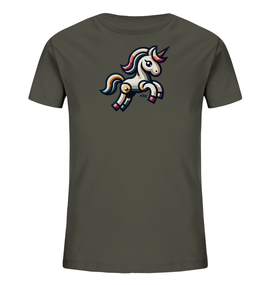 Onlineshop Shirts fuer Kinder - Das Bild zeigt ein dunkelgruenes Kinder T-Shirt mit einer farbenfrohen Einhorn-Grafik auf der Vorderseite. Das stilisierte Einhorn springt und ist in froehlichen Farben wie Weiss, Rosa, Gelb und Blau gehalten. Maehne und Schweif sind bunt gestreift dargestellt. Dieses niedliche Motiv verleiht dem Shirt einen verspielten Charakter.
