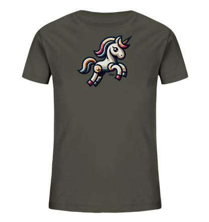 Kinder T-Shirt mit springendem Einhorn, bunter Mähne, Schweif und Horn