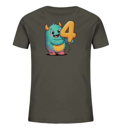 Onlineshop Shirts fuer Kinder - Dieses T-Shirt zeigt ein dunkelgruenes Design mit einer farbenfrohen Grafik auf der Vorderseite. Abgebildet ist ein niedliches, blaues Cartoon-Monster mit orangefarbenen Hoernern. Das Monster haelt einen grossen, orangefarbenen Ballon in Form der Zahl 4. Die Illustration wirkt froehlich und verspielt.