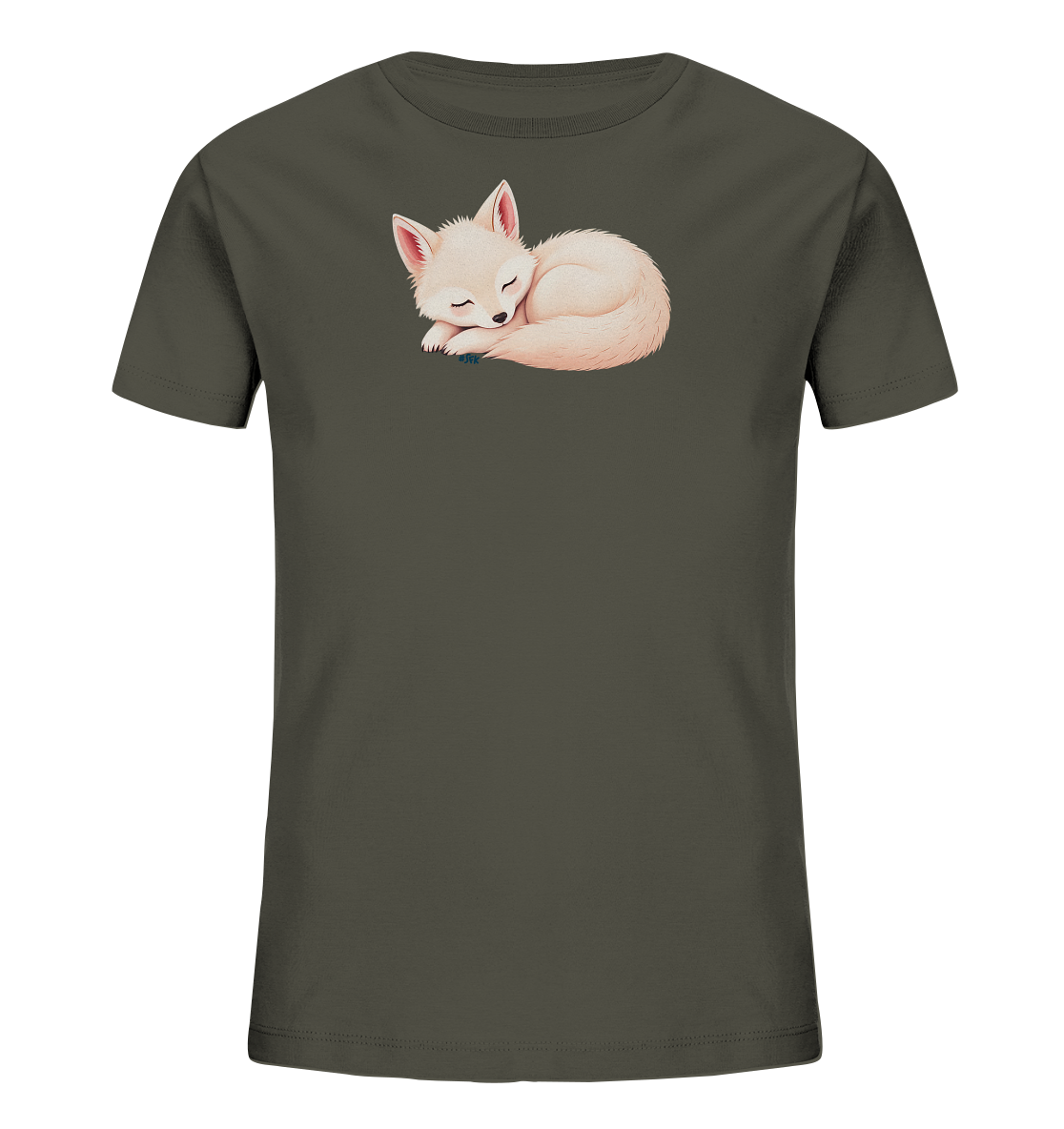 Onlineshop Shirts fuer Kinder - Das Bild zeigt ein dunkelgraues Kinder-T-Shirt mit einem niedlichen Motiv eines schlafenden Fuchses. Der Fuchs ist in einer ruhigen Position zusammengerollt, die Augen geschlossen. Seine Fellfarbe ist hellbeige mit zarten Rosatoenen. Dieses Design verleiht dem Shirt eine sanfte und ansprechende Ästhetik.