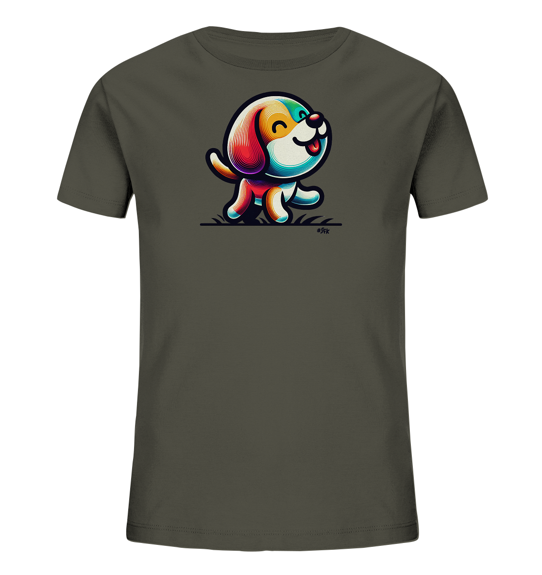 Onlineshop Shirts fuer Kinder - Das Bild zeigt ein dunkelgraues T-Shirt fuer Kinder. Es ist mit einer farbenfrohen, cartoonartigen Illustration eines laufenden Hundes verziert. Der Hund hat ein freundliches Gesicht und ist in leuchtenden Farben gestaltet, die es von der dunklen Stofffarbe abheben. Unter dem Hund befindet sich eine einfache Grafik, die Gras darstellt.