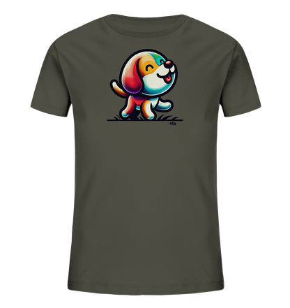 Onlineshop Shirts fuer Kinder - Das Bild zeigt ein dunkelgraues T-Shirt fuer Kinder. Es ist mit einer farbenfrohen, cartoonartigen Illustration eines laufenden Hundes verziert. Der Hund hat ein freundliches Gesicht und ist in leuchtenden Farben gestaltet, die es von der dunklen Stofffarbe abheben. Unter dem Hund befindet sich eine einfache Grafik, die Gras darstellt.